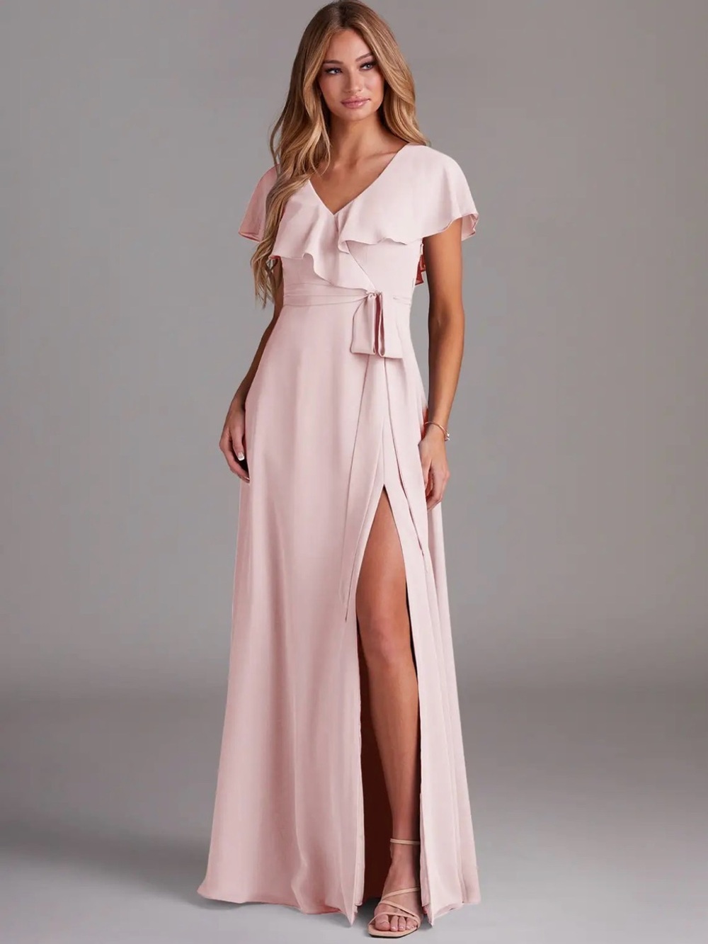Azazie Lainey Blush Pink Ruffle V-Neck Wrap Maxi Dress with Side Slit